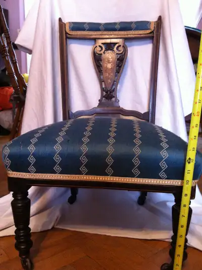 AN ORIGINAL SOLID WOOD VICTORIAN INLAY LOW CHAIR FOR BREAST FEEDING ( PARLOR CHAIR ) IT IS IN PERFEC...