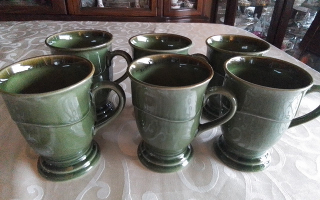STONEWARE FOOTED MUGS - GLOSSY GREEN - SET 6 - NEW in Kitchen & Dining Wares in City of Toronto