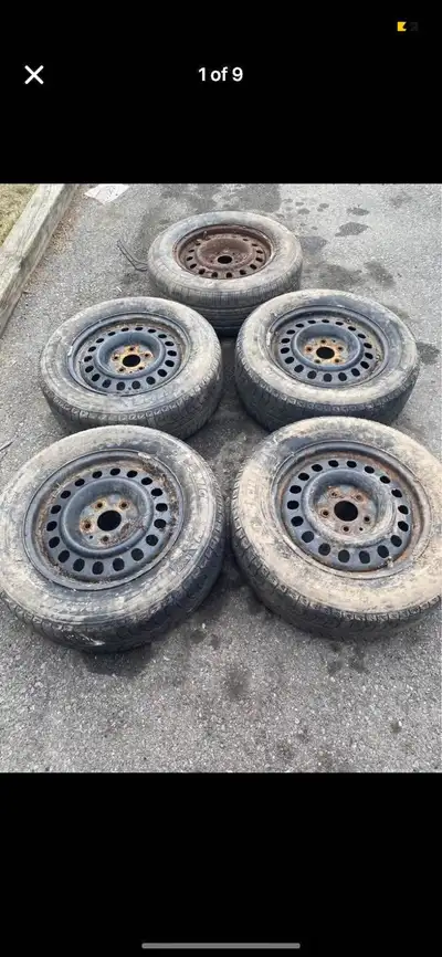 5 17 inch steel rims 5 bolt pattern with 225/65/17 Michelin latitude X ice snow tires. Don’t know th...