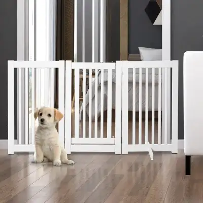 PawHut Free Standing Wood Pet Gate Indoor Dog Barrier 3 Panel Folding Z Shape Doorway Durable: This...