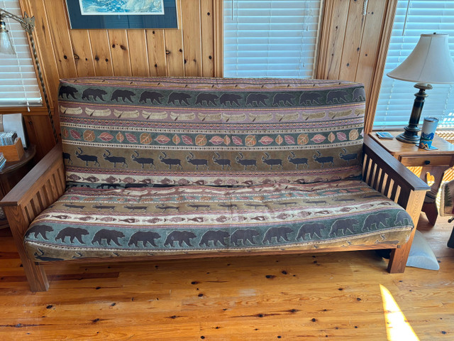 Queen size Oak frame futon with mattress and cover  in Couches & Futons in Muskoka