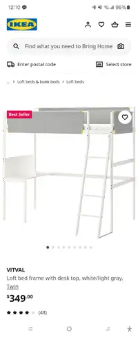 Ikea VITVAL Loft bed frame with desk top, white/light gray, Twin
