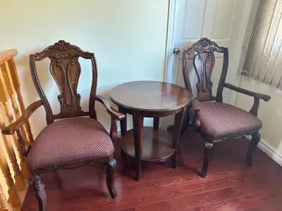 2 wood chairs and one tea table, View more
