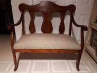 Restored Antique Arm Bench/Settee, Solid Wood, New Upholstery