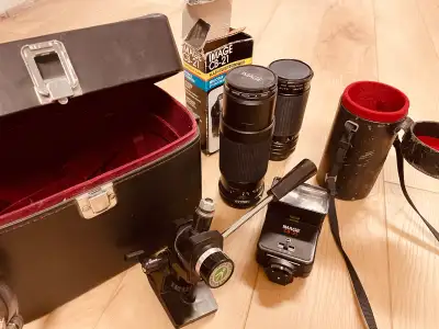 Various vintage film gear, flash, cases, and two aftermarket FD mount lenses both with lens caps and...