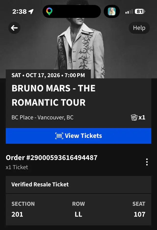 Bruno Mars Ticket For Sale