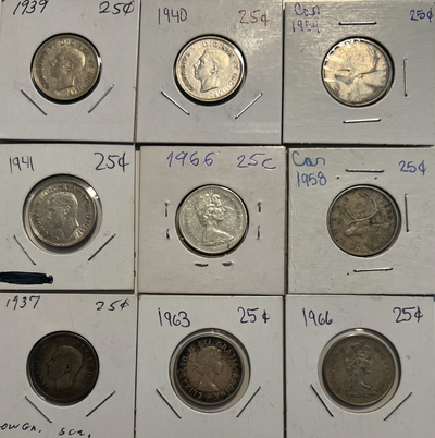 VINTAGE LOT OF 9 CANADA OLD 80% SILVER Quarters 25c EXCELLENT, View more