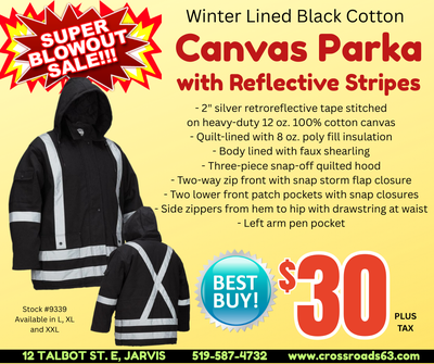 Winter Lined Black Cotton Canvas Parka with Reflective Stripes, View more