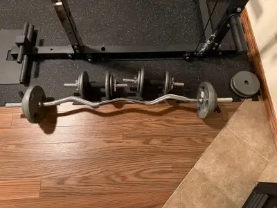 Curl Bar with weight plates and dumbbells, View more