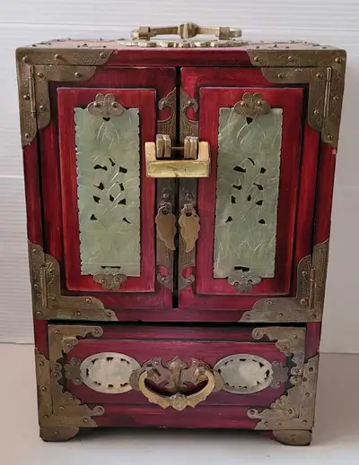 Antique Chinese Rosewood Brass and Jade Inlay Jewelry Box, View more