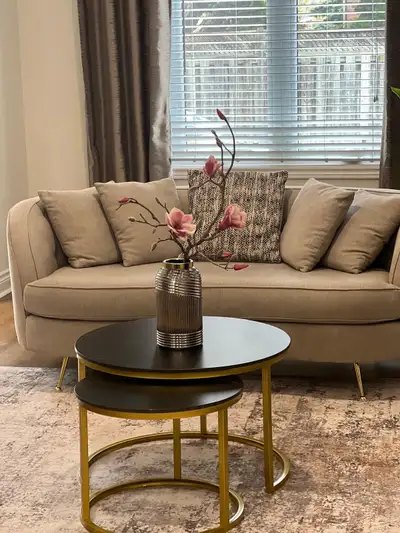 Two curved tufted love seat, View more