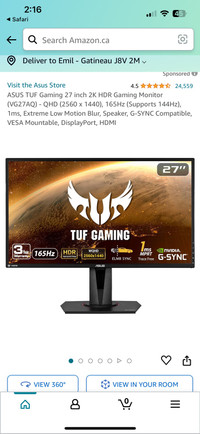 Gaming monitor 27” 2k resolution 165hz
