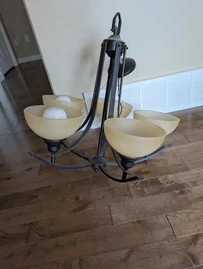 Free 5 light bronze colored chandelier. Dusty but in fully working condition. Pick up Batchelor Heig...