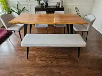 Live edge dining table with 4 chairs and a bench