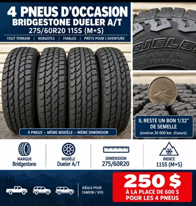 4 pneus Bridgestone Dueler A/T – 275/60R20 115S (M+S) Ensemble de 4 pneus identiques avec environ 30...