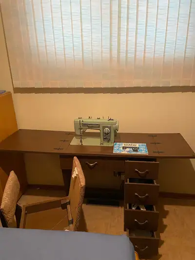 Vintage Brother Sewing Machine & Wooden Cabinet & Matching Cha, View more