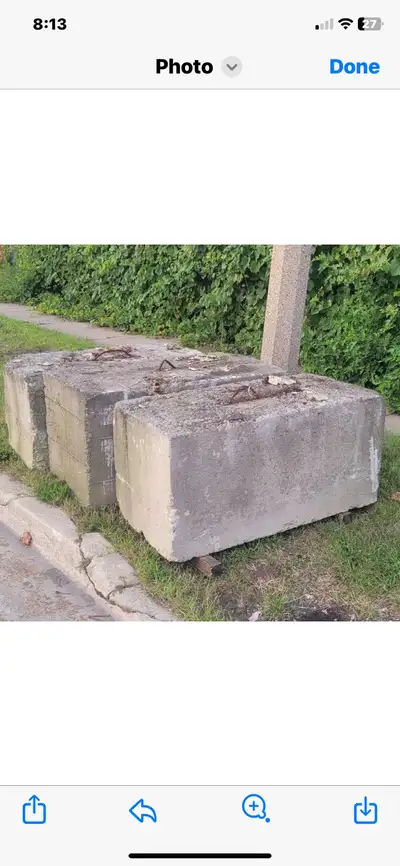 Cement blocks 4’ x 2’ x 2’ $100.00 each. Delivery available. Call 905-973-1685