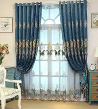 Curtains elegant/Rideaux élégants combo 2 brodés+2 tulles -Bleu