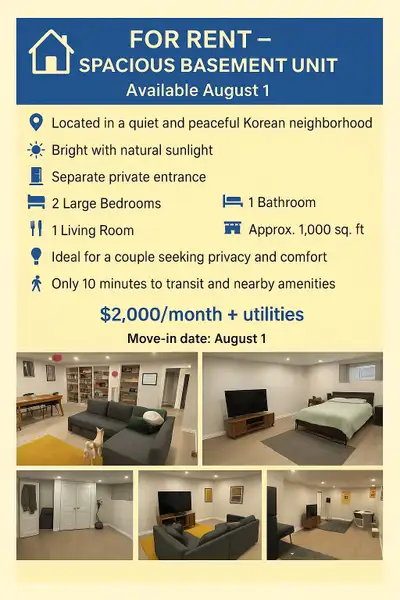 For Rent- Spacious Basement Unit