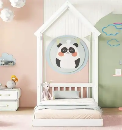 Twin House-shaped Roof Headboard Floor Bed without slats - White, View more