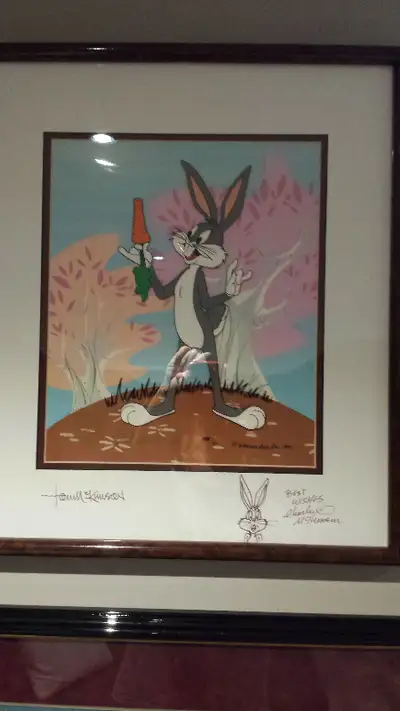 Robert McKimson hand-painted limited edition cel of BugsBunny presented on its lithographic backgrou...