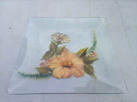 Hand Painted Floral Square Glass Serving Plate Tray