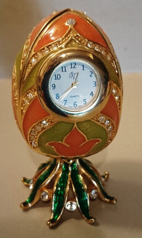 Beautiful Orange and Green Enamel Metal Egg Desk Clock Trinket B in Arts & Collectibles in Oshawa / Durham Region