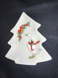 Vintage White Christmas Tree Candy Dish with Goose Japan