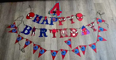 Spiderman Birthday Decorations, including a happy birthday banner and pennant banner. Used for my so...