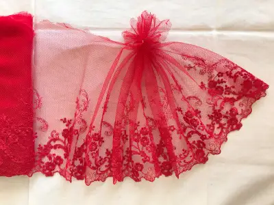 8.43” x 1 yd Floral Embroidered Lace Trim Red Winter Plum, View more