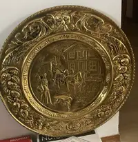 Vintage 12" Brass Decorative Wall Plate Horse Drawn Carriage Vic