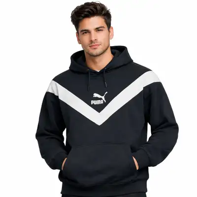 PUMA Men’s Vintage Style V-Stripe Hoodie Black White Logo Pullov, View more