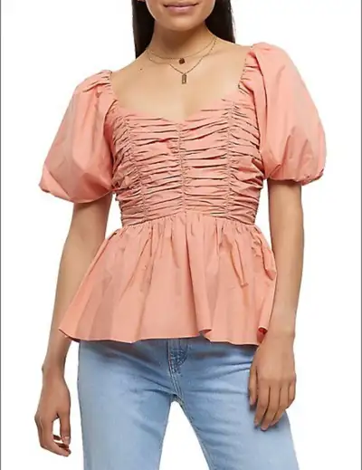 Puff Sleeve Top - River Island Ruched & Smocked Puff-Sleeve Top, View more