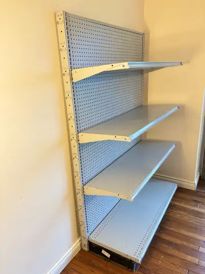 Used commercial single sided steel shelving units with pegboard, 1 base shelf and 3 adjustable shelv...