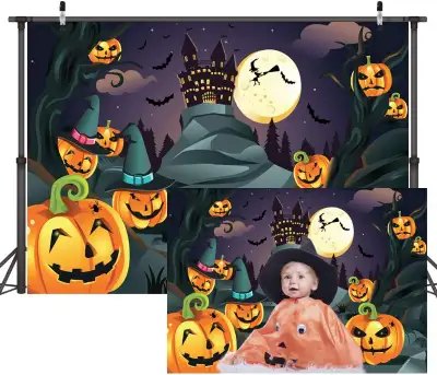 7x5ft Halloween Themed Photography Backdrop Castle Pumpkin Head, View more