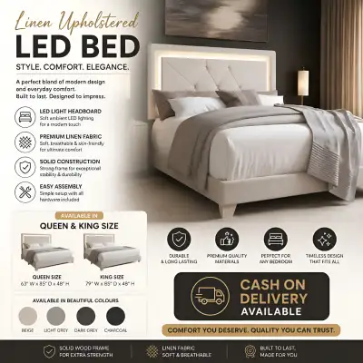 Brand New Queen & King LED Bed – Premium Linen Fabric FREE COD, View more