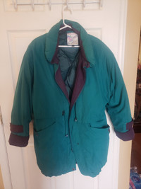 warm green winter coat with purple lining