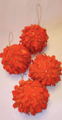 4 Spiffy Orange Sequin Bead Decorative Christmas Ball Ornaments!