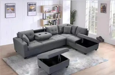 New Elegant Sectional Sofa with Cup Holder - Grey Now On Sale, View more