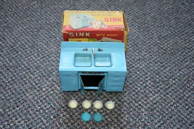 Vintage 1950s Linemar Toy Kitchen Sink with Dishes, View more