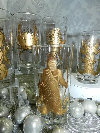 11pc⭐MCM Zodiac Cosmic Astrology 22K Barware Set Ea@, View more