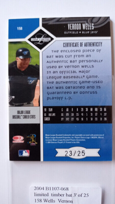 2004 LEAF LIMITED TIMBER #158 VERNON WELLS toronto blue jays /25 in Arts & Collectibles in St. Catharines - Image 3