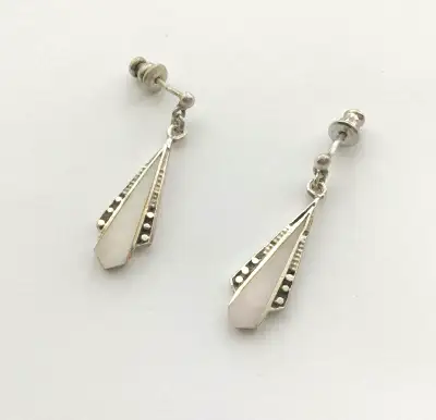 Vintage mother of pearl & silver 925 dangle stud earrings, View more