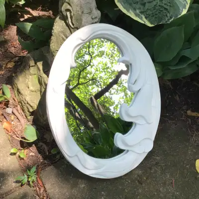 White framed oval mirror with floral design - unique!, View more