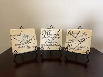 Add some inspirational flair to your home with this set of three Melvi Inc. tile art pieces! Each ti...