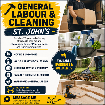  GENERAL LABOUR & CLEANING — ST. JOHN’SReliable 20-year-old o, View more