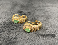 14K Yellow Gold Natural Emerald & Diamonds w Omega Clip Earrings