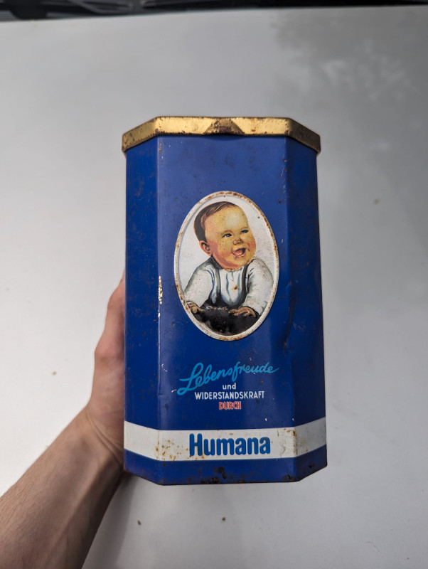 VINTAGE 1990's HUMANA BABY FORMULA MILK POWDER GERMANY TIN in Arts & Collectibles in Summerside