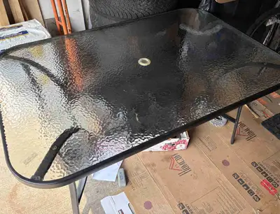 Almost new large patio table with two chairs, View more
