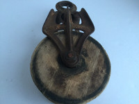 Antique XL K Cast Iron Wood Sheave Wheel Barn Pulley